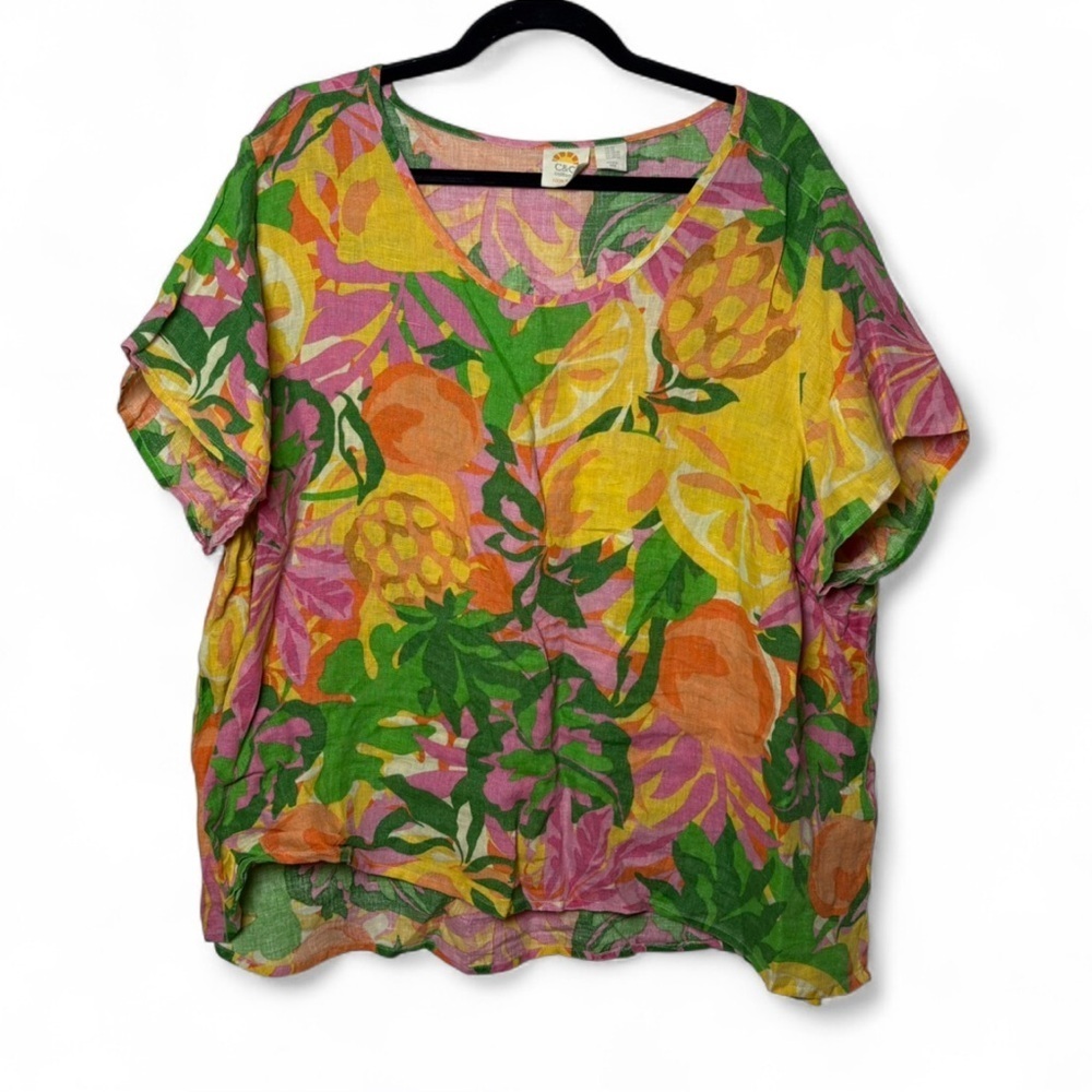 C&C California 3X Linen Tropical Print Blouse Summer Vacation Top